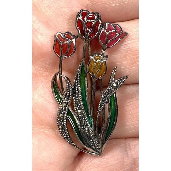 925 Sterling Silver Epoxy Tulips Marcasite Flowers Pin vintage - Picture 7 of 8